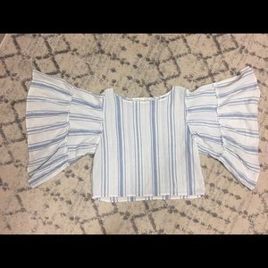 Blue and white striped mid drift bell sleeved top